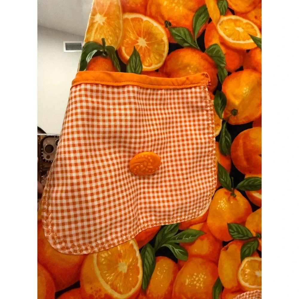 Orange Fruit Gingham Ruffle Apron Fruit of the Spirit is Joy Embroidered S/M
